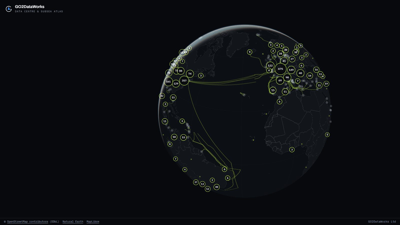 The GO2 data-centre atlas: a dark globe with every mapped data centre lit in the accent colour