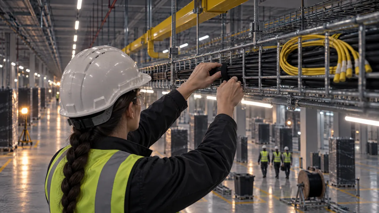 An operative fixing a section of overhead basket tray above the rack rows