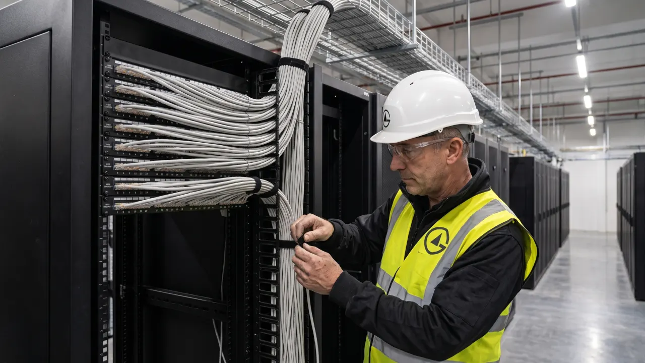 An installer strapping a bundle of Cat6A cables in the vertical manager of an open rack