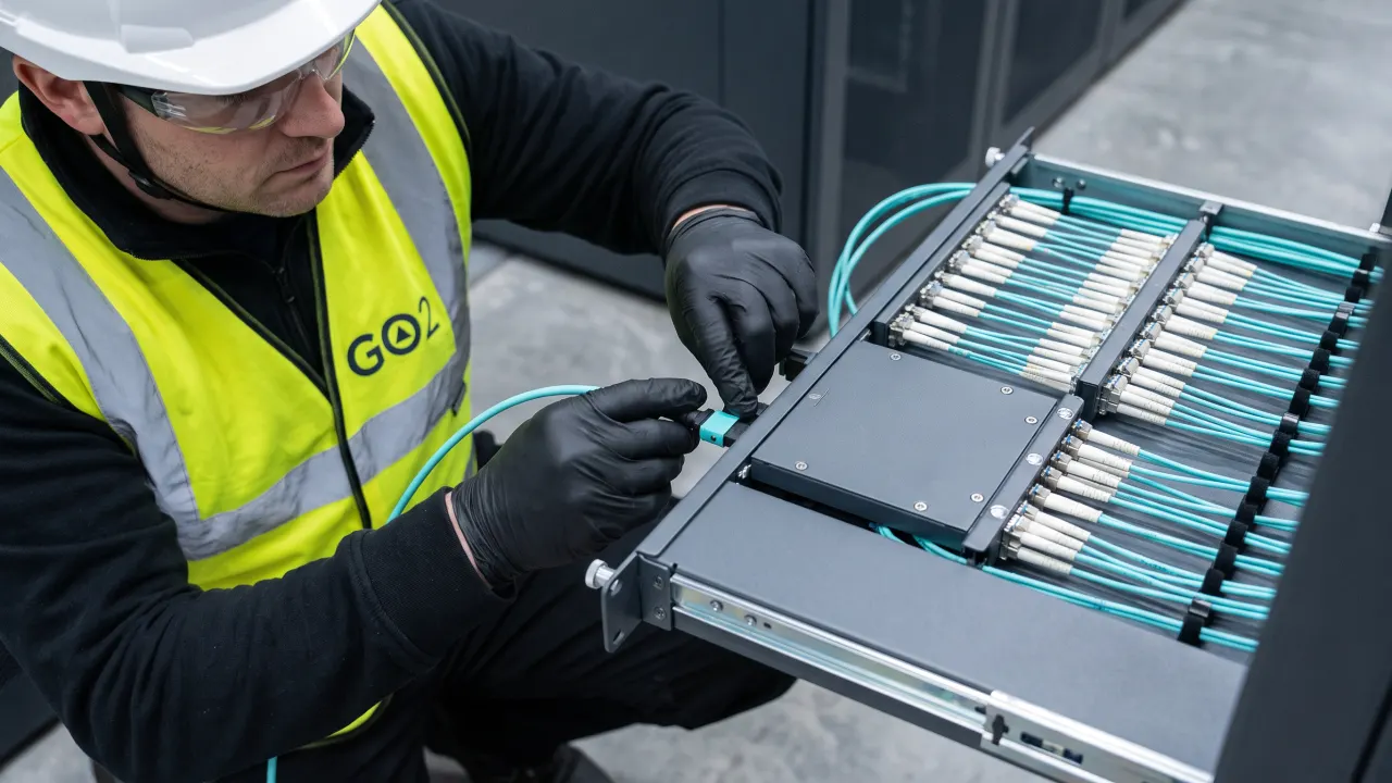 Gloved hands seating an MPO trunk connector into a fibre cassette