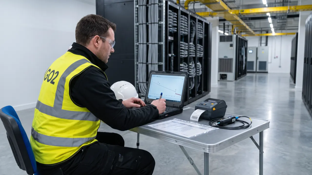 A QA lead checking an OTDR trace and the printed test sheet at the end of an aisle