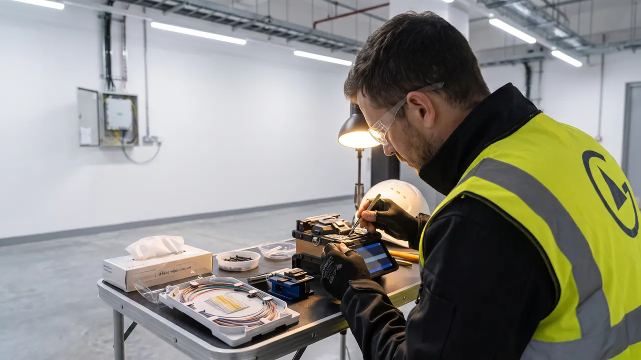 A fibre splicer placing a cleaved fibre into a fusion splicer at a splicing table