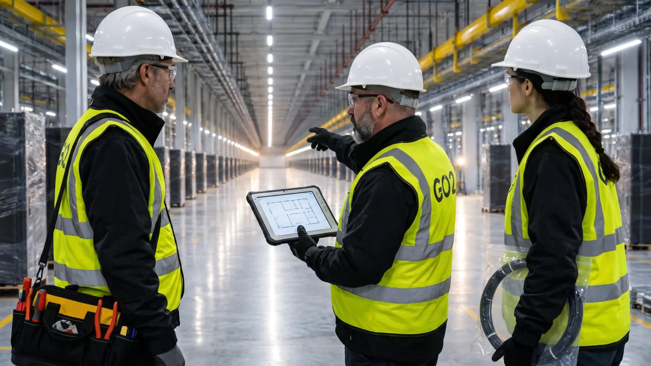 A supervisor with the floor plan on a tablet briefing two engineers at the end of a rack row