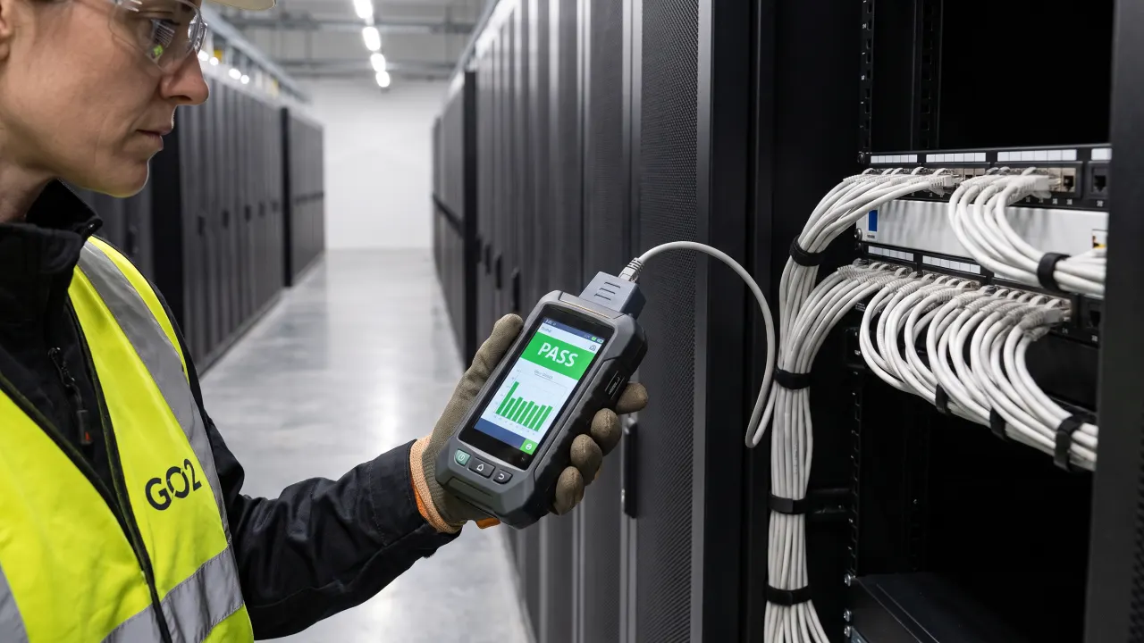 A handheld certifier showing a pass on a copper link at the patch panel