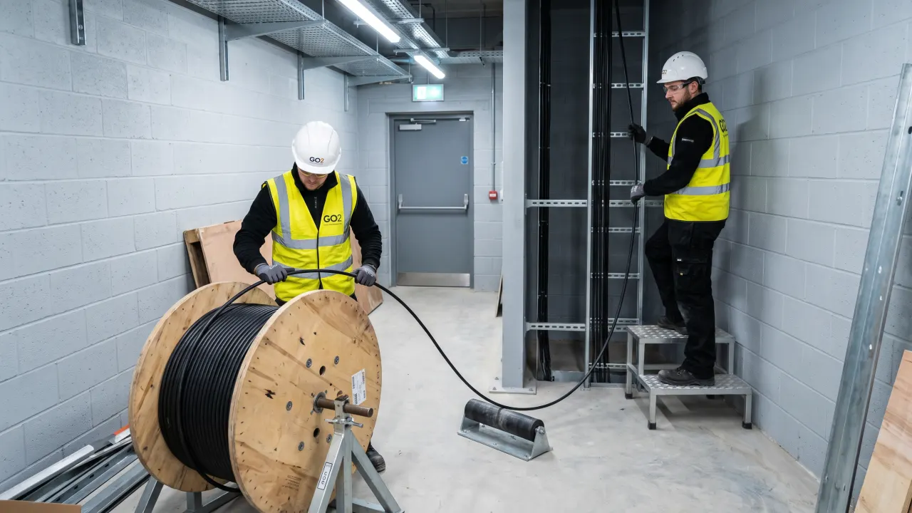 Two engineers pulling a high-count fibre cable from the drum up into the riser ladder