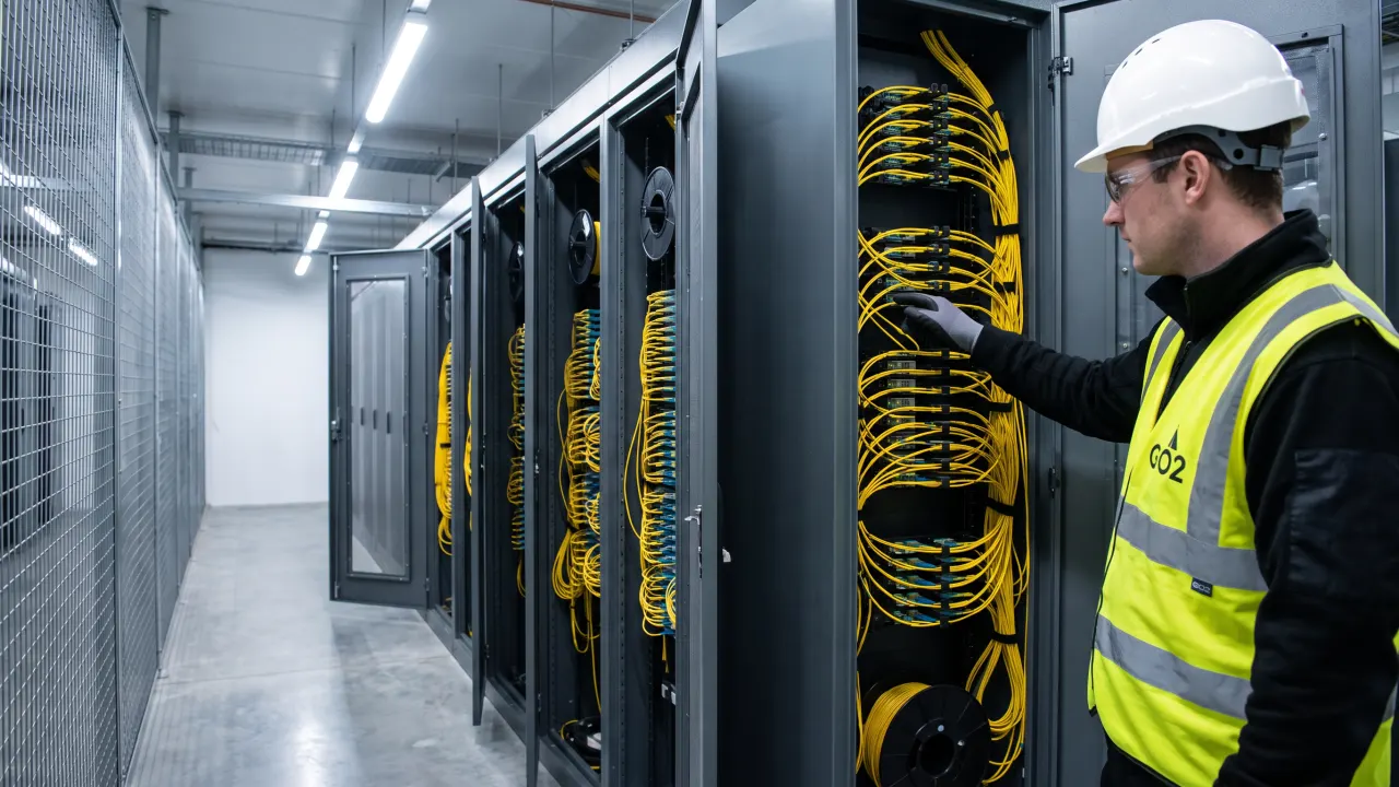 Optical distribution frames in a meet-me room, yellow patch cords on slack spools