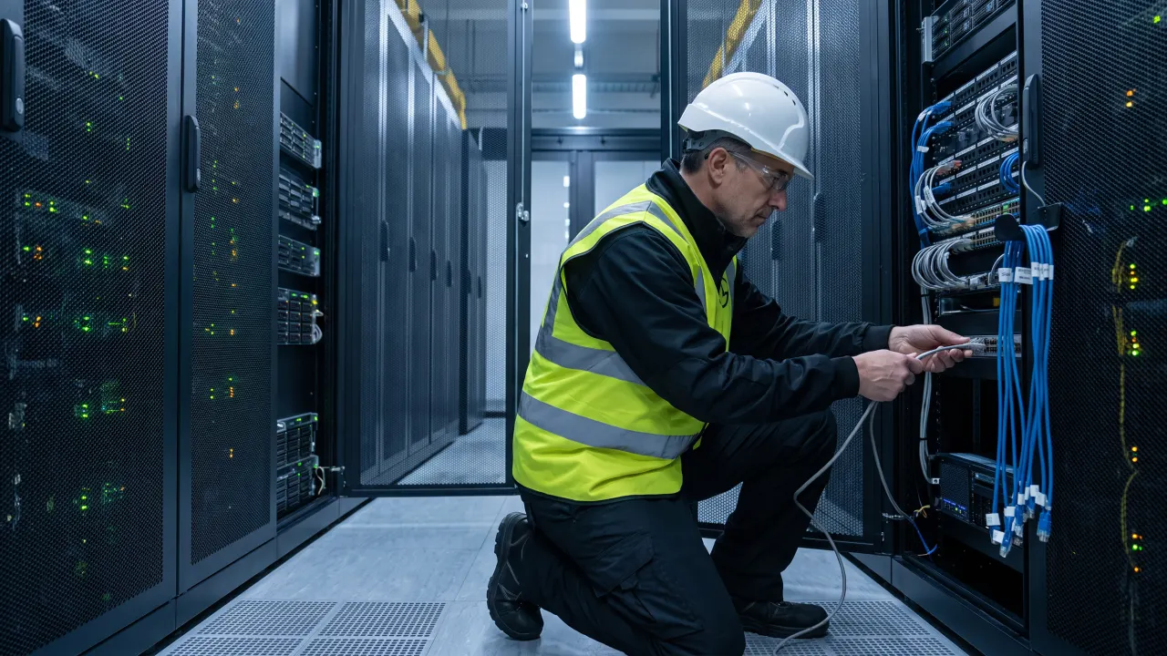 An engineer replacing patch cords in a live hall, status lights on in the closed cabinets