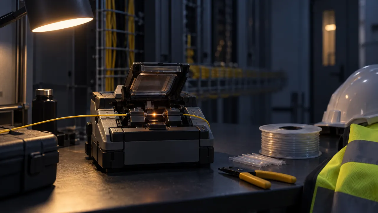 A fusion splicer on the bench under a work lamp, fibre and protection sleeves beside it