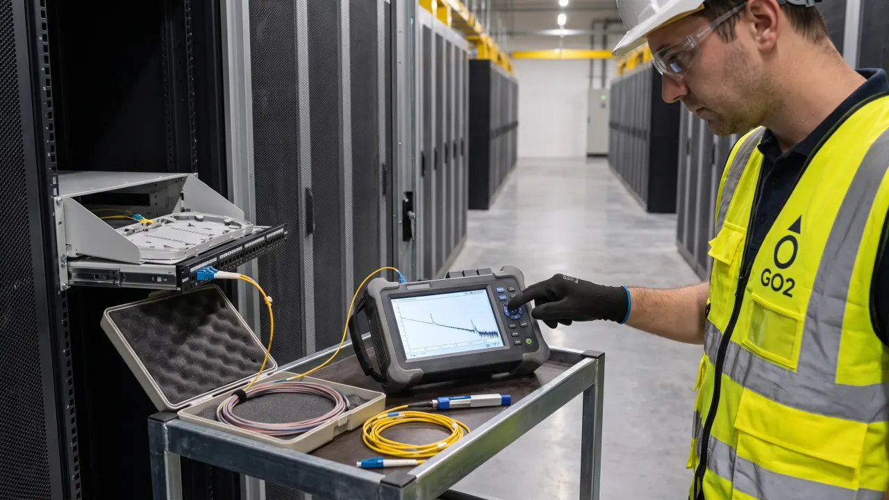 An OTDR and launch-cable box on a test trolley, connected to the fibre panel